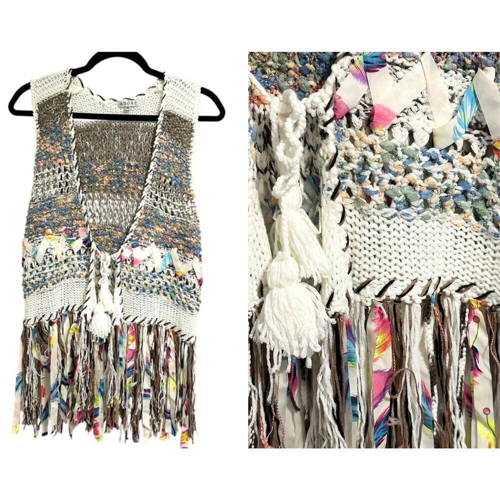 ADORE Boho Crochet Fringe Vest Cardigan Tassel Open Knit Festival Sweater Artsy
